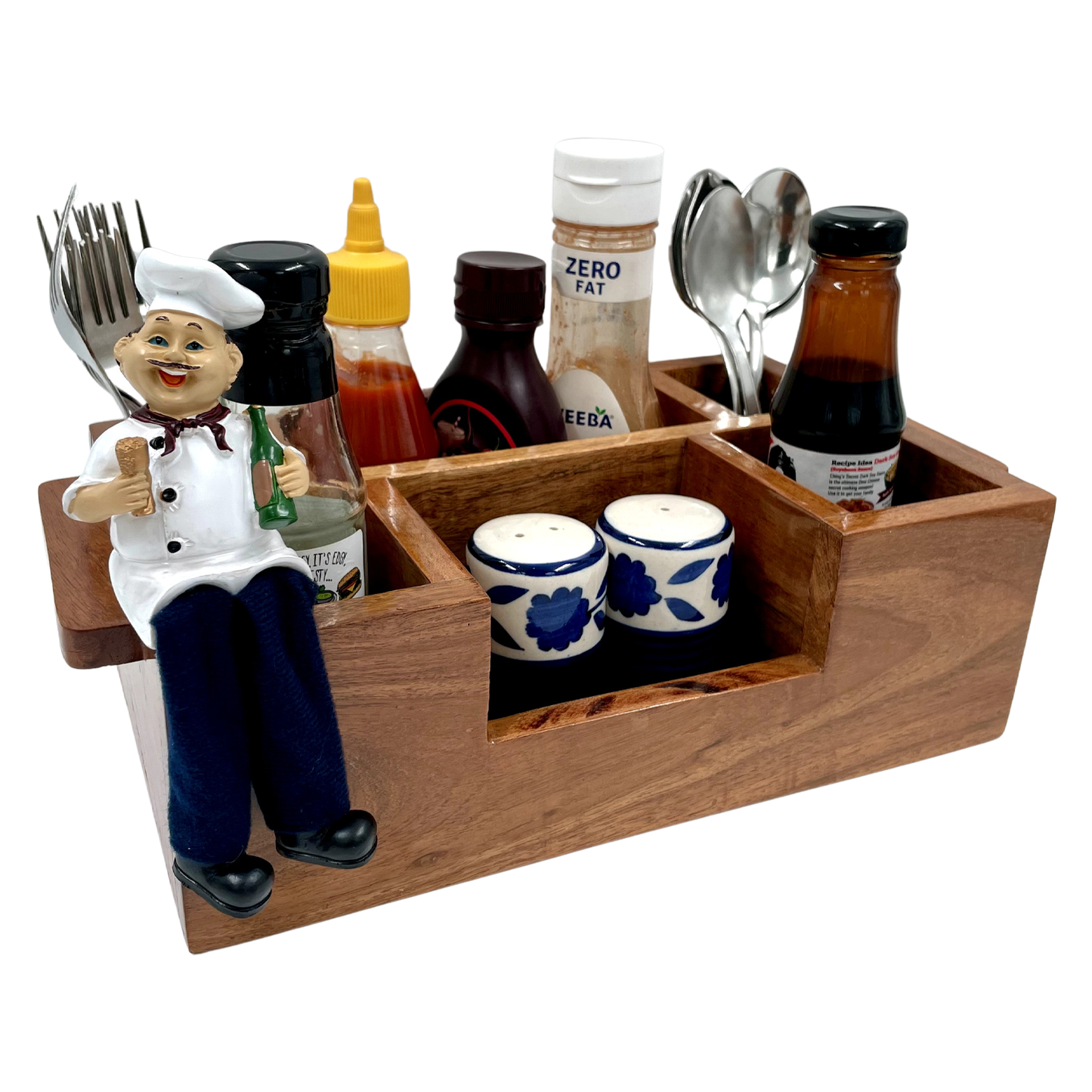 The Weaver's Nest Wooden Cutlery Holder with Salt & Pepper for Kitchen Dining