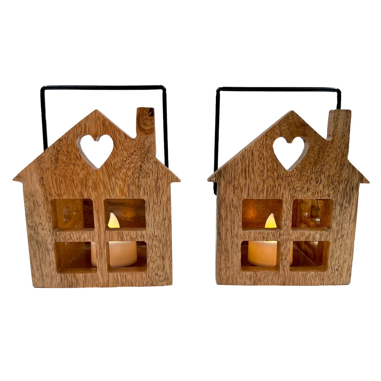 The Weaver's Nest Wooden House T Light Holders / Lanterns- Set of 2