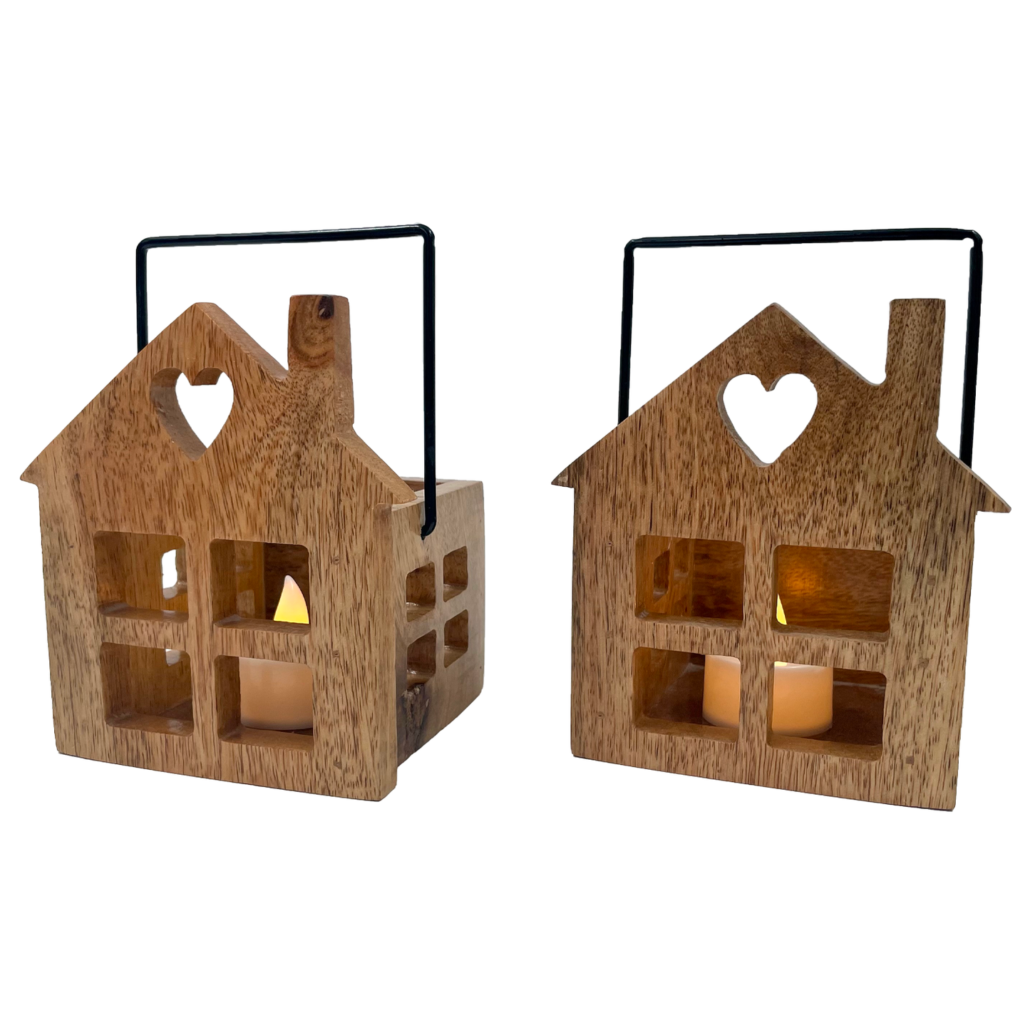 The Weaver's Nest Wooden House T Light Holders / Lanterns- Set of 2