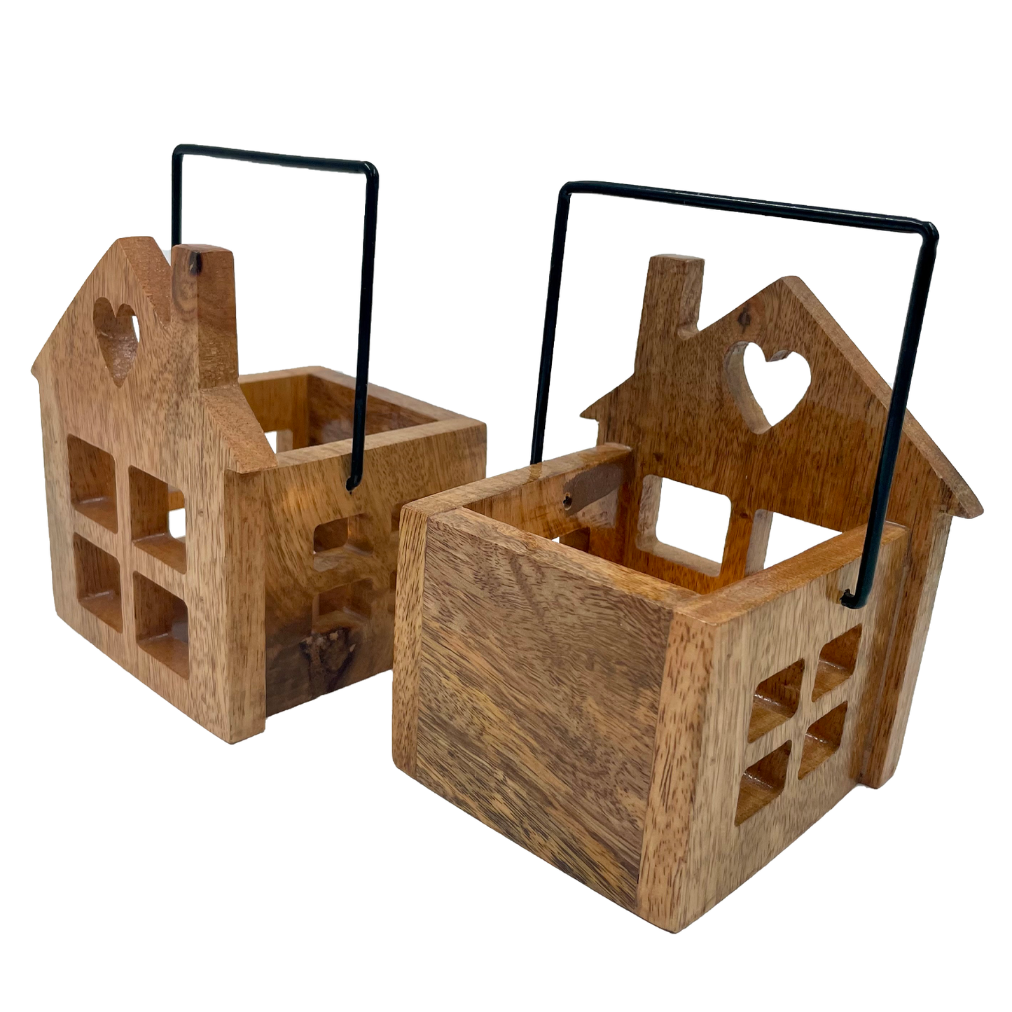 The Weaver's Nest Wooden House T Light Holders / Lanterns- Set of 2
