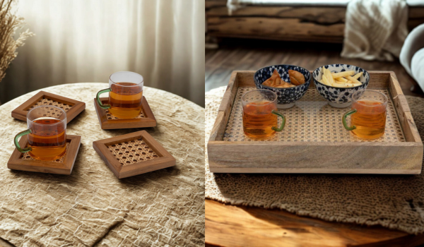 The Weaver's Nest Rattan Weave Solid Wood Serving Tray +  Teak Wood Cane Coasters (Set of Four) - KC3