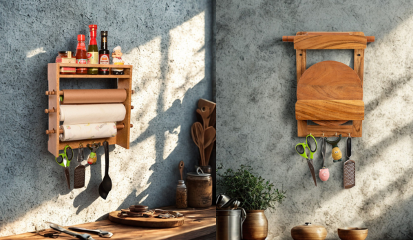 The Weaver's Nest Solid Wood Triple Roll Paper Towel Holder + Rolling Pin and Board Stand, Chakla Belan Stand - KC4