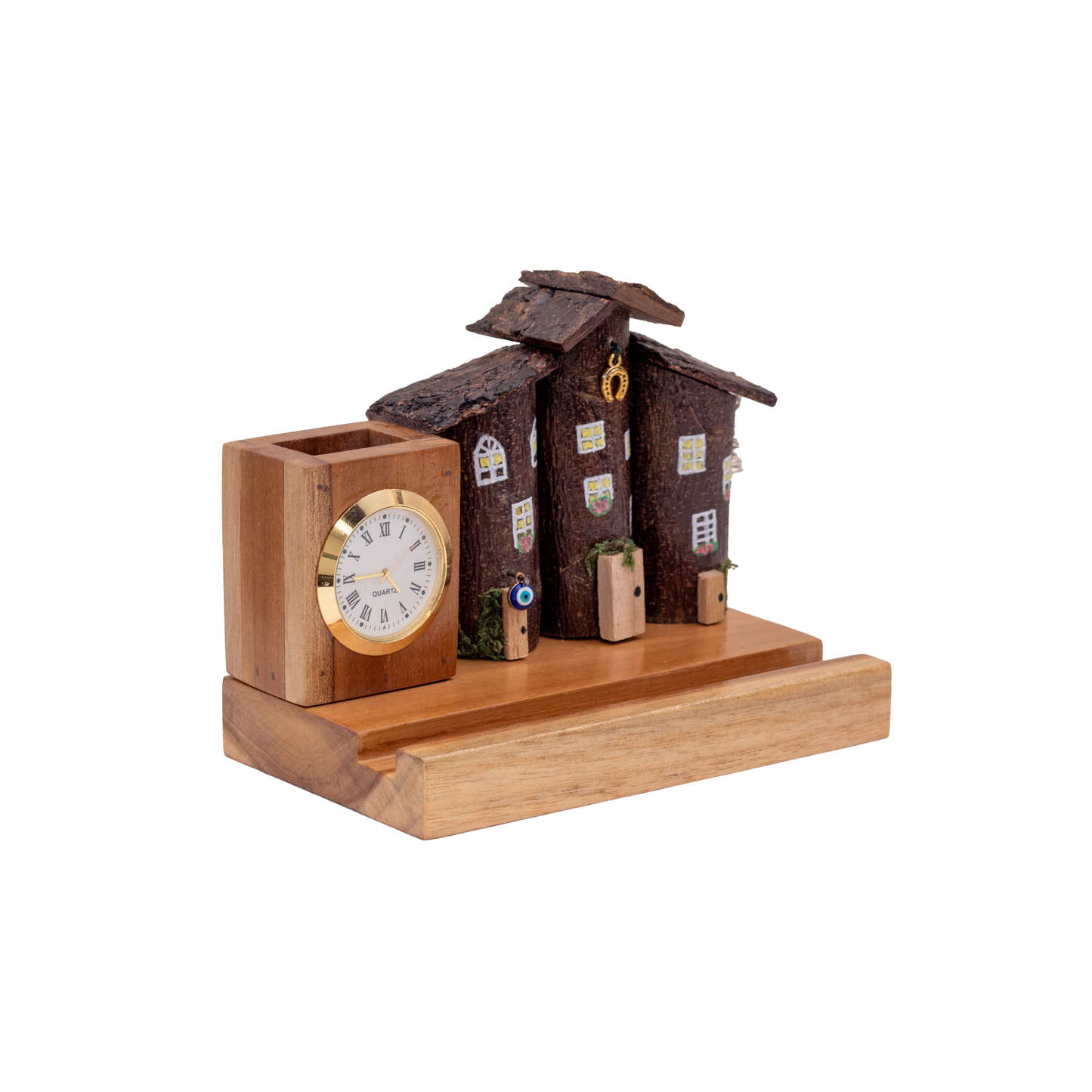 Rustic Houses in a Row Organizer Mobile Holder with clock