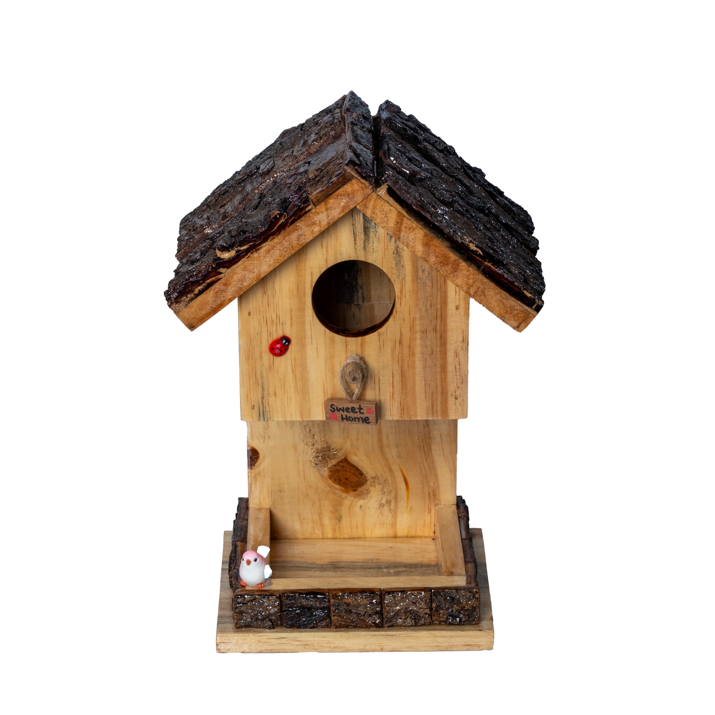 The Weaver's Nest Wooden Bark Rustic Hut Shaped Bird House and Feeder