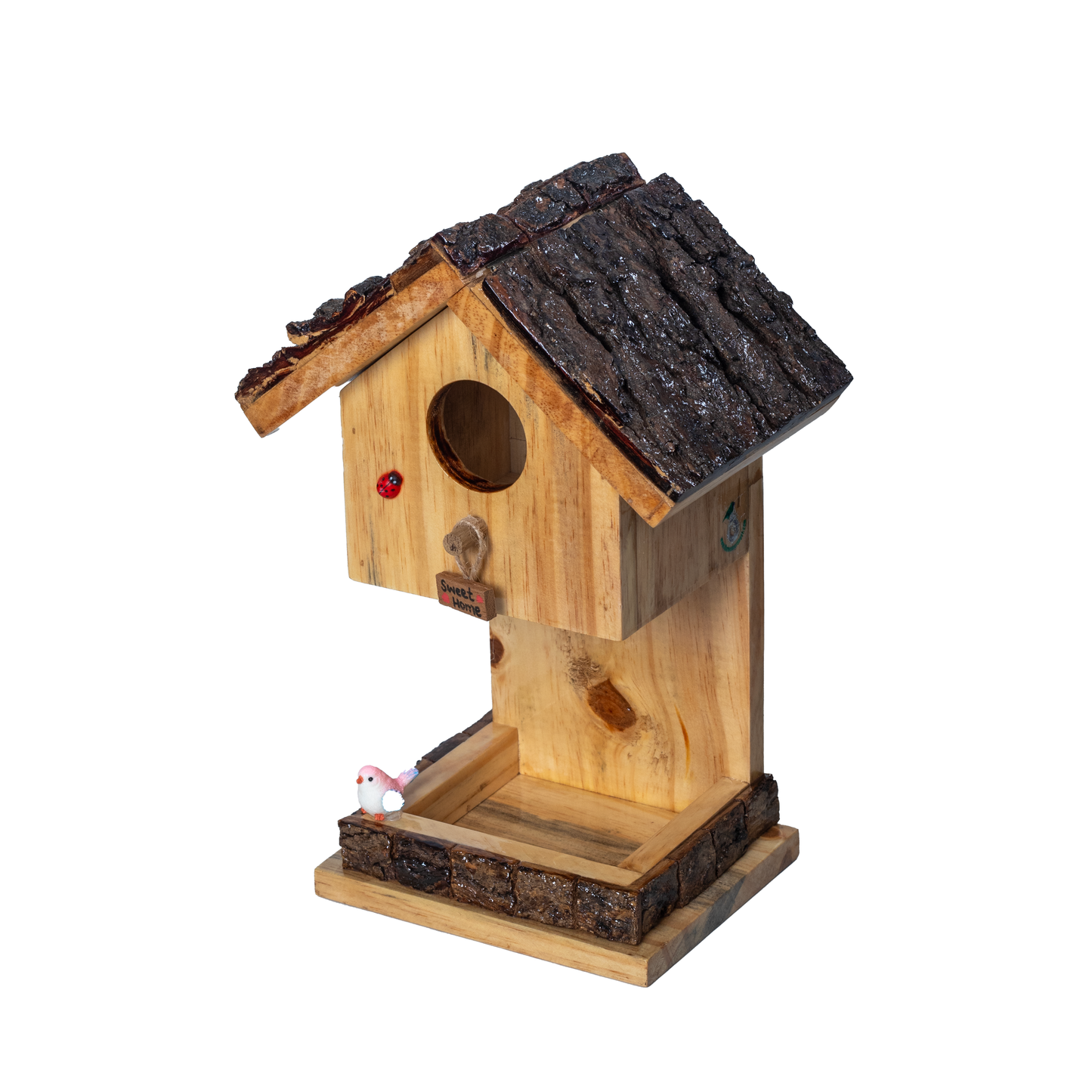 The Weaver's Nest Wooden Bark Rustic Hut Shaped Bird House and Feeder
