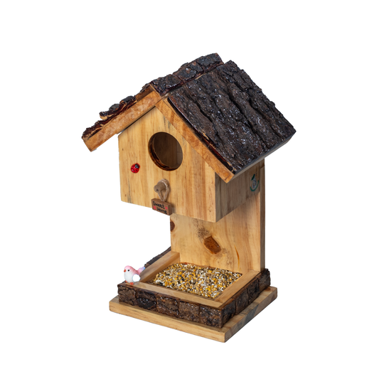 The Weaver's Nest Wooden Bark Rustic Hut Shaped Bird House and Feeder