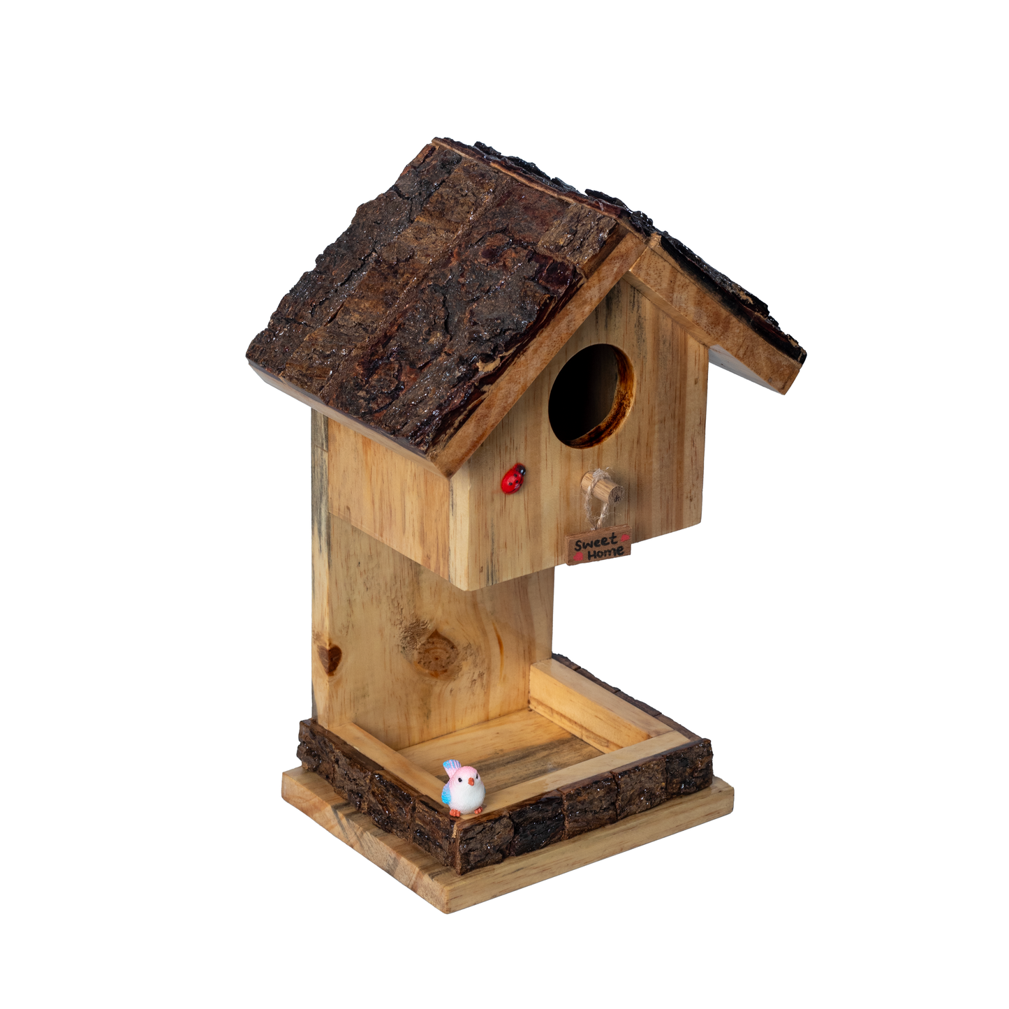 The Weaver's Nest Wooden Bark Rustic Hut Shaped Bird House and Feeder