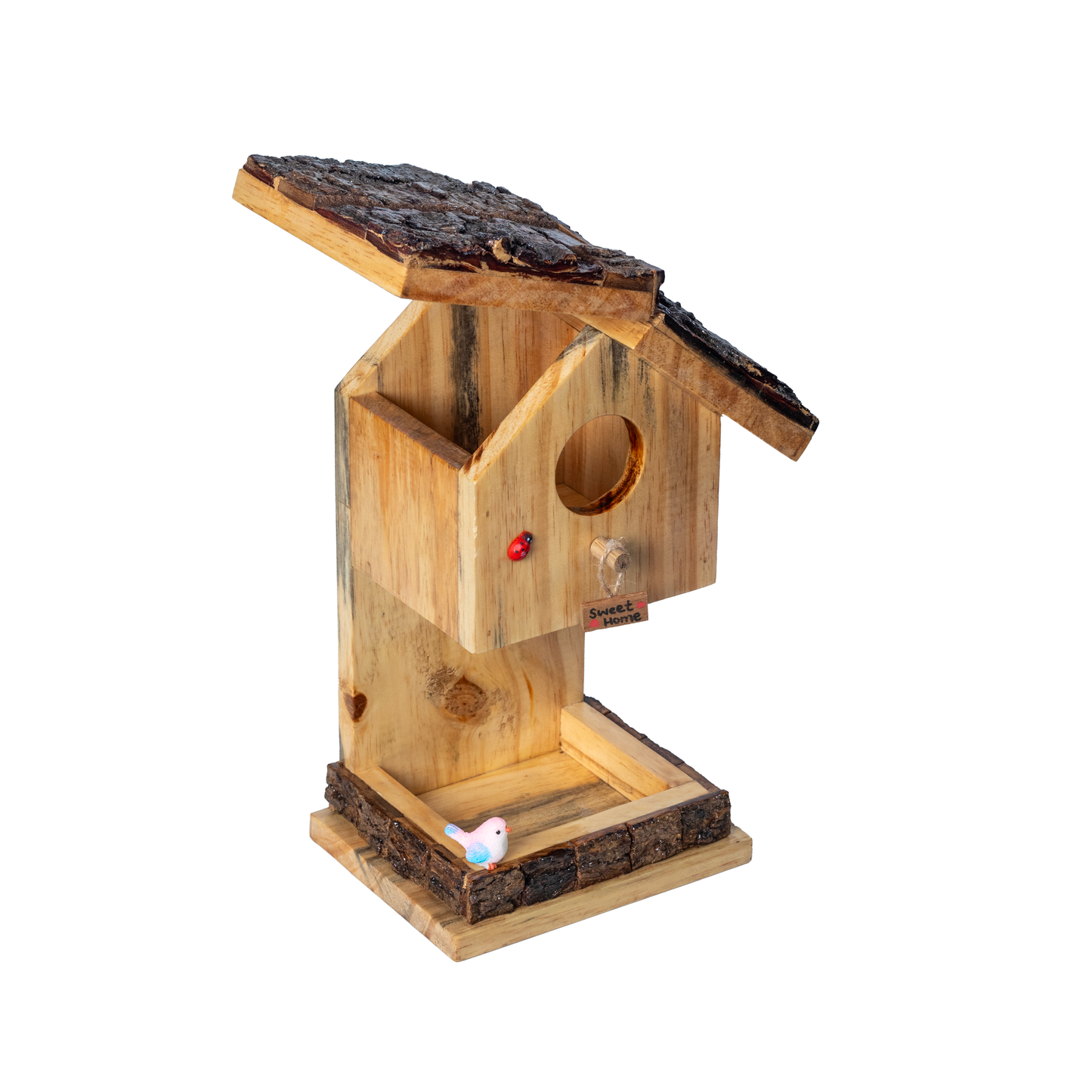 The Weaver's Nest Wooden Bark Rustic Hut Shaped Bird House and Feeder