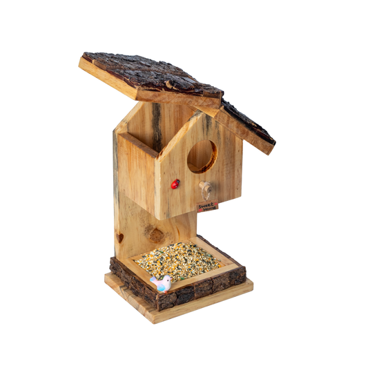 The Weaver's Nest Wooden Bark Rustic Hut Shaped Bird House and Feeder