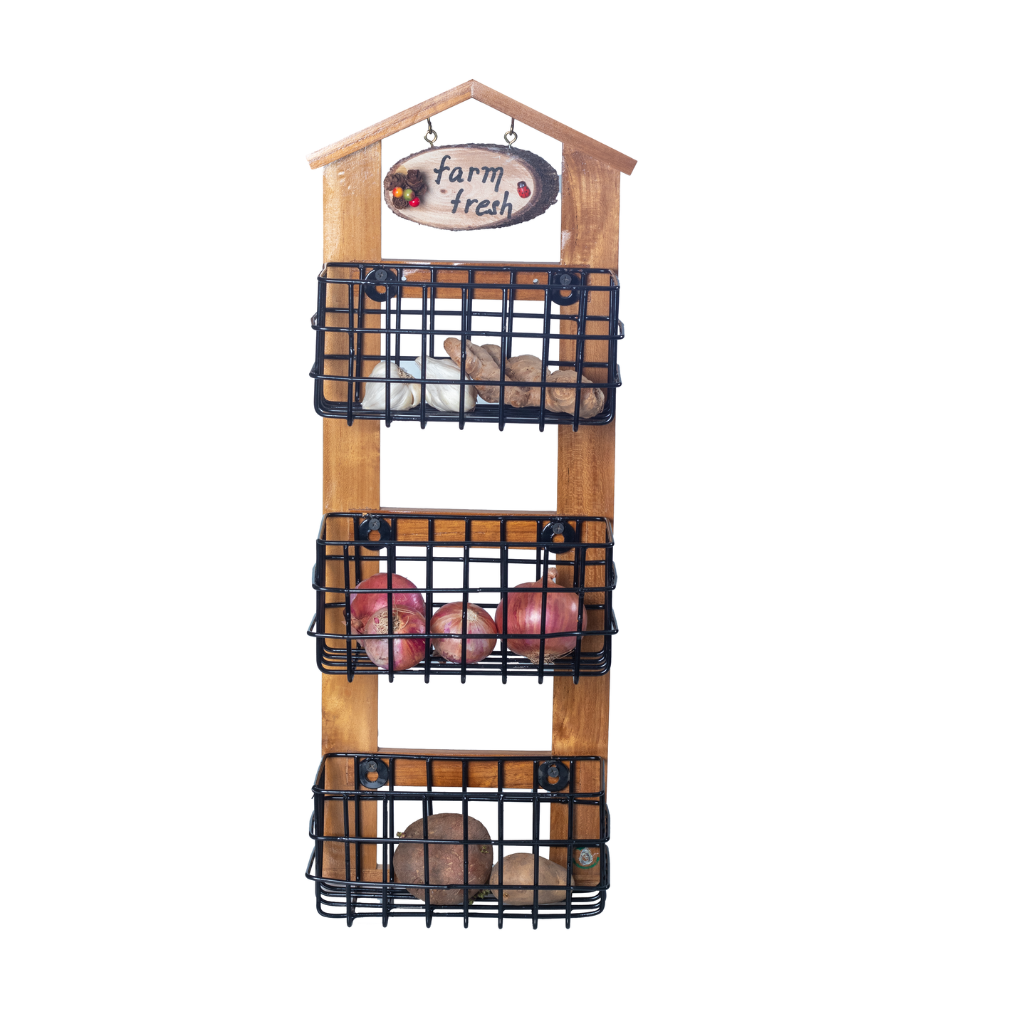 The Weaver's Nest Farm-Style Wall-Mounted Wood and Iron Vegetable Storage Unit