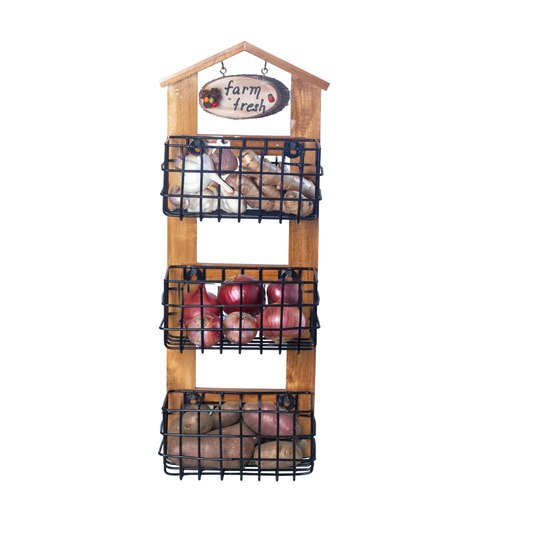 The Weaver's Nest Farm-Style Wall-Mounted Wood and Iron Vegetable Storage Unit