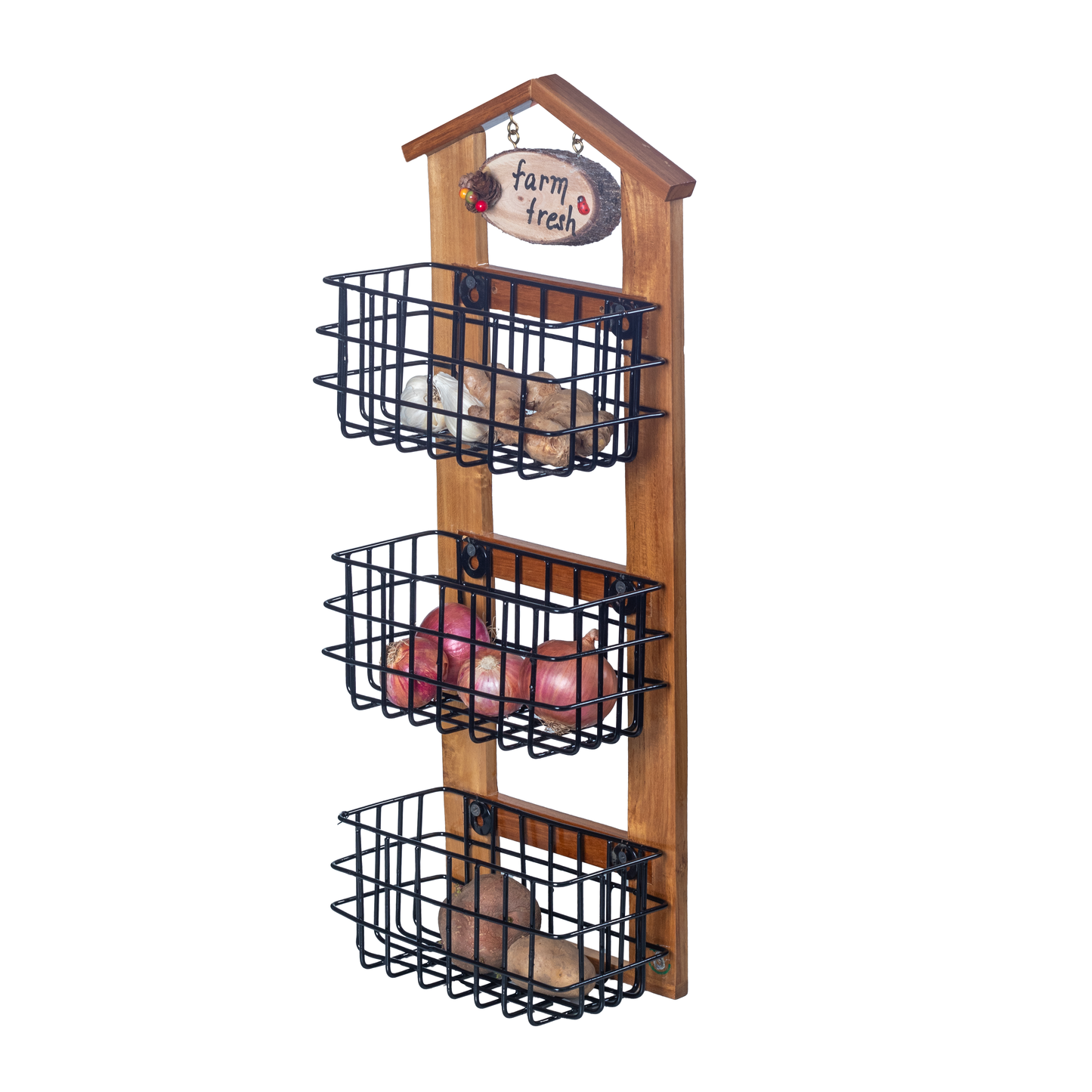 The Weaver's Nest Farm-Style Wall-Mounted Wood and Iron Vegetable Storage Unit