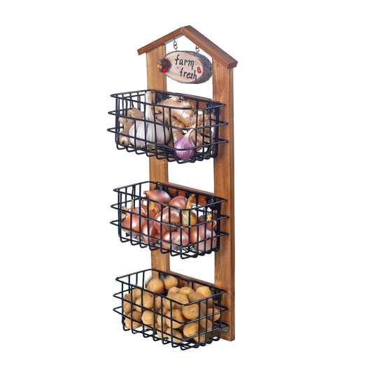 The Weaver's Nest Farm-Style Wall-Mounted Wood and Iron Vegetable Storage Unit