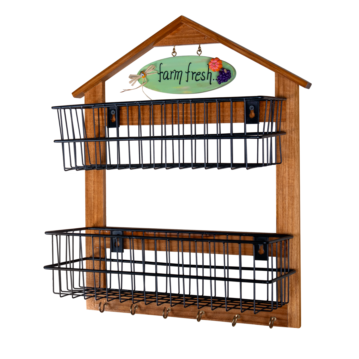 The Weaver's Nest Farm-Style Wall-Mounted Wood and Iron Vegetable Storage Unit Two Tier (Big)