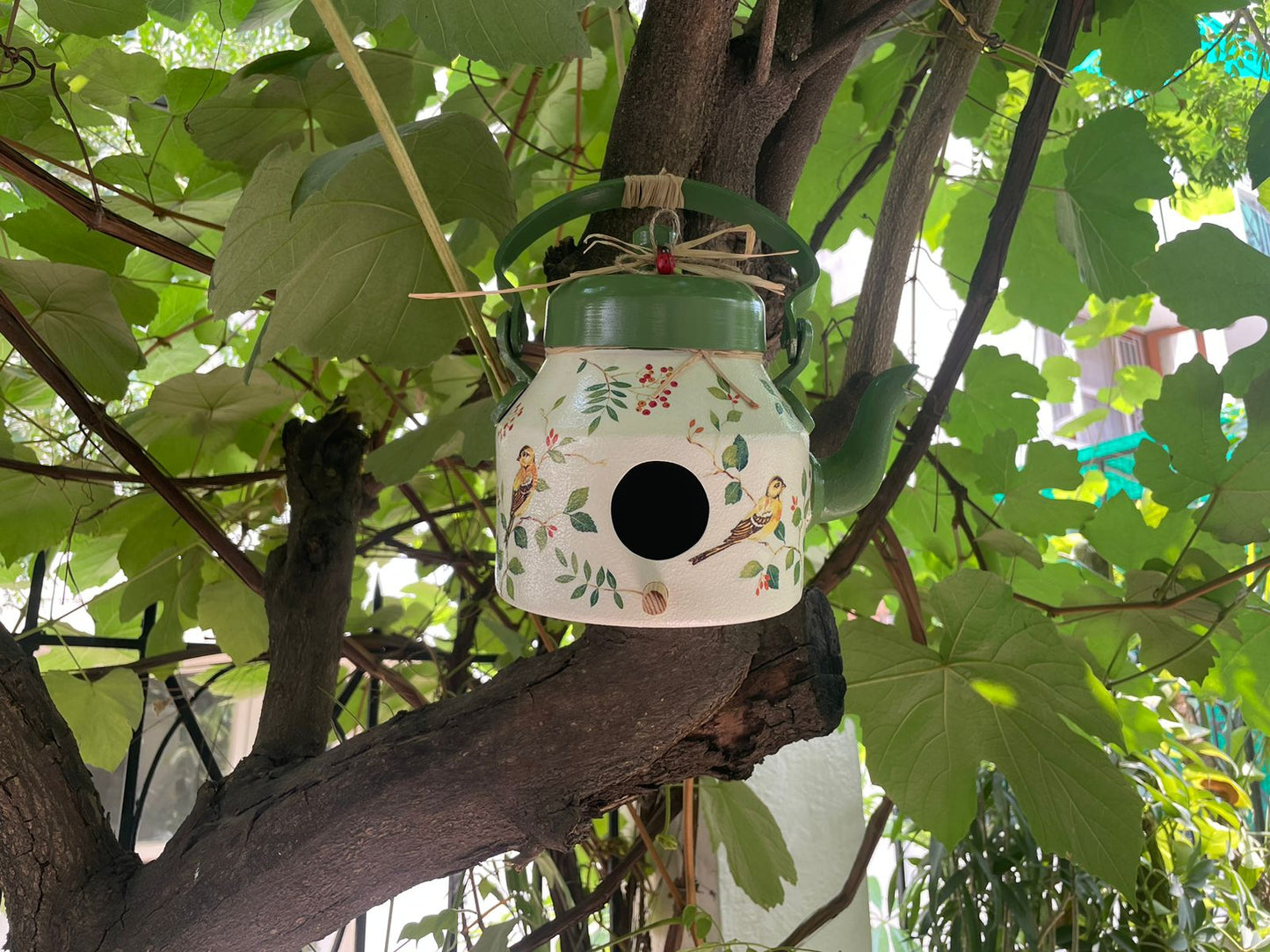 The Weaver's Nest Tea Pot / Kettle Shaped Green Hanging Bird House