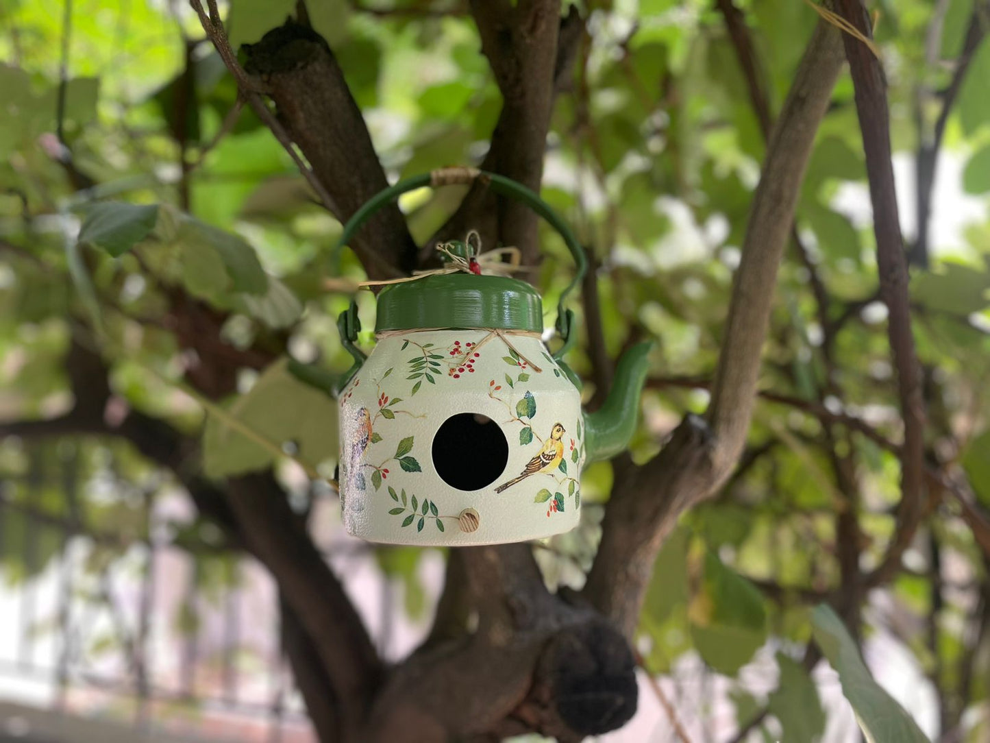 The Weaver's Nest Tea Pot / Kettle Shaped Green Hanging Bird House