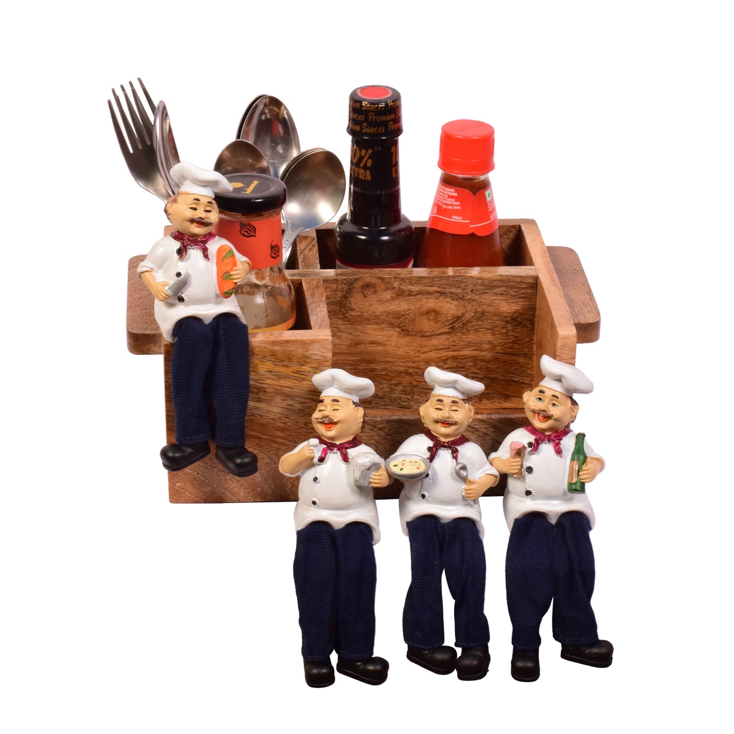 The Weaver's Nest Solid Wood Table Utility Cutlery Holder with Salt and Pepper Shakers and Figurine for Dining Table, Kitchen and Restaurants