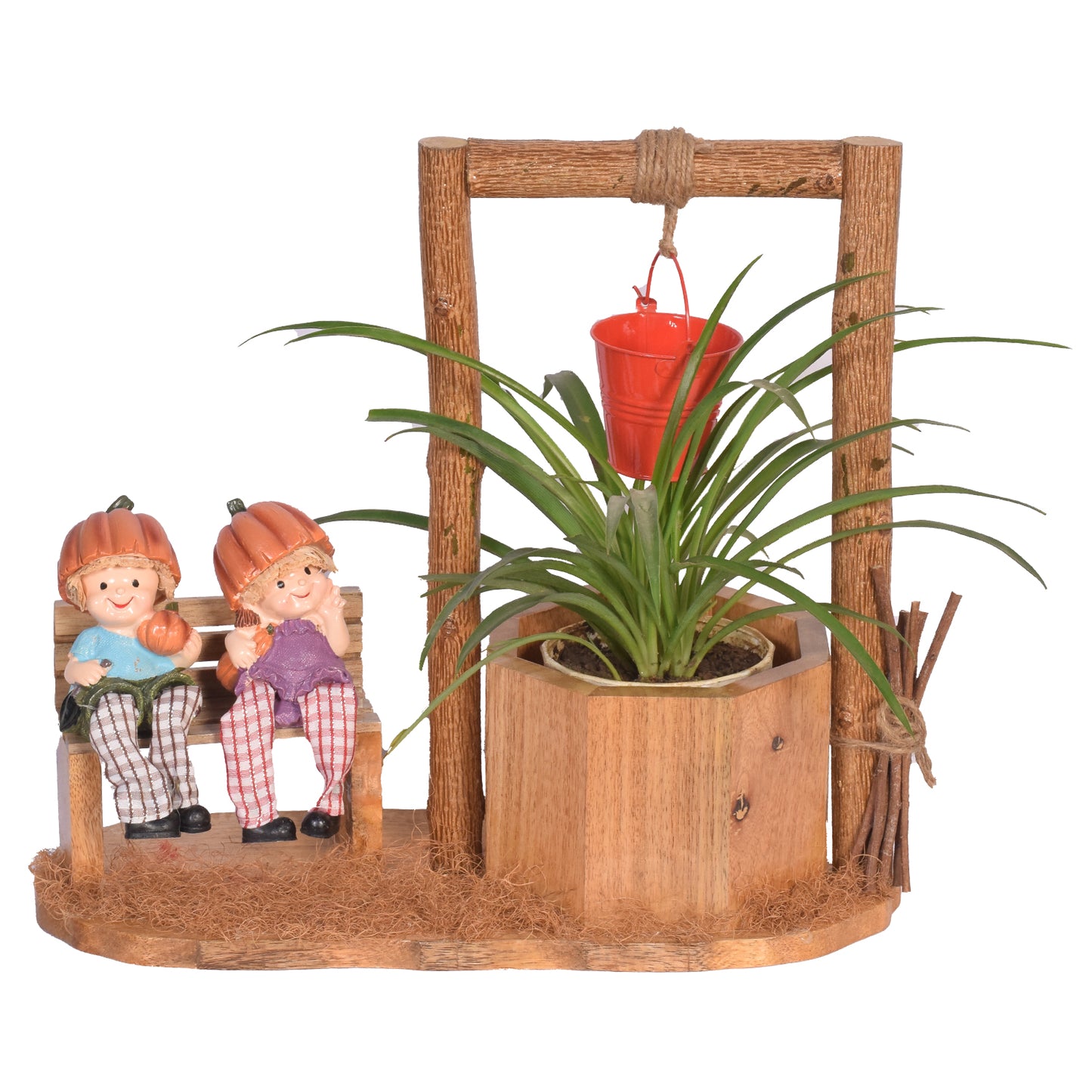 The Weaver's Nest Wishing Well Planter with Figurines sitting on Bench