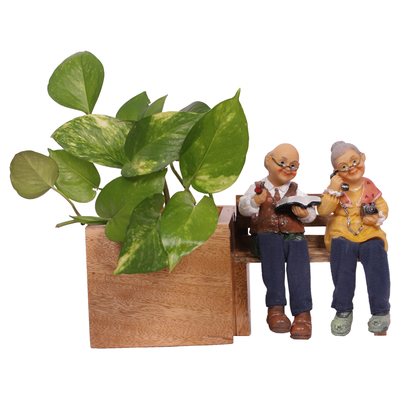 The Weaver's Nest Wooden Bench Planter with Figurine for Home, Porch, Balcony, Garden, Living Room