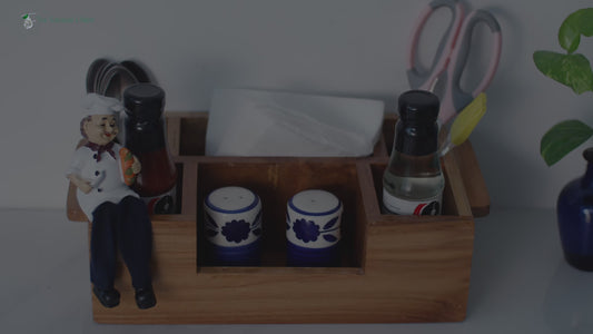 The Weaver's Nest Wooden Cutlery Holder with Salt & Pepper for Kitchen Dining