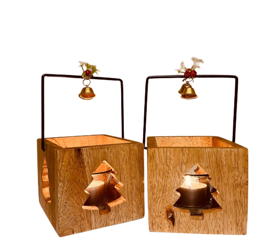 The Weaver's Nest Wooden Christmas Tree T Light Holders / Lanterns- Set Of 2