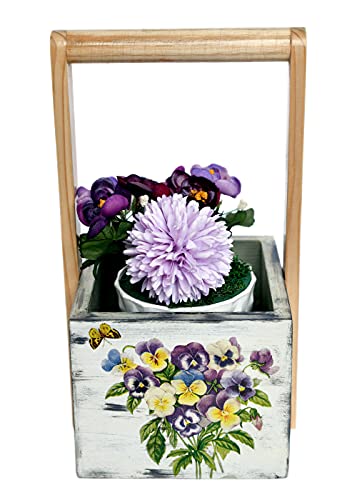 The Weaver's Nest Artificial Flowers in Wooden Planter with Handle - Plant Stand, Flower Pot Holder for Home, Table Tops, Offices, Restaurants, Garden, Balcony, Living Room