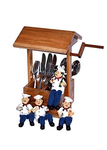The Weaver's Nest Wooden Wishing Well Table Utility Cutlery Holder for Dining Table, Kitchen and Restaurants (Brown, 30 x 19 x 32 cm)