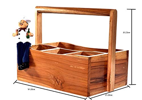 The Weaver's Nest Teak Wood Table Utility Cutlery Holder, Brown