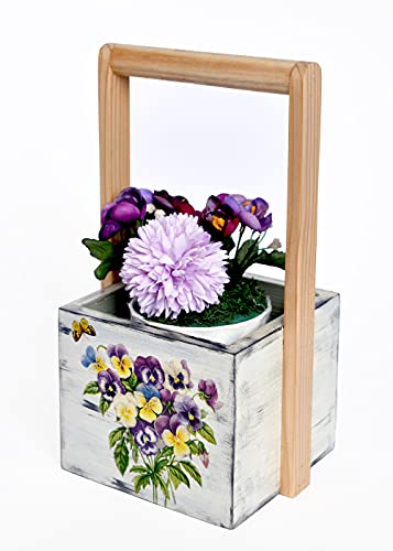 The Weaver's Nest Artificial Flowers in Wooden Planter with Handle - Plant Stand, Flower Pot Holder for Home, Table Tops, Offices, Restaurants, Garden, Balcony, Living Room