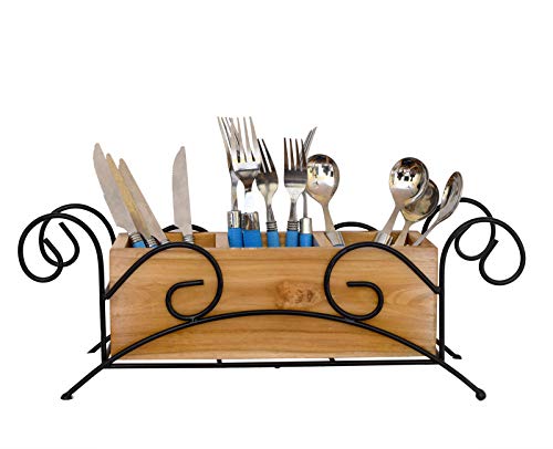The Weaver's Nest Teak Wood and Iron Cutlery Holder