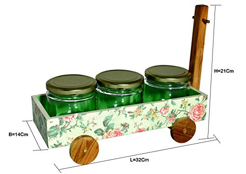 The Weaver's Nest Multi Purpose Hand Painted Wooden Handle Caddy with 3 Jars for Kitchen and Home Organizer (Green, 32 X 14 X 21cm)