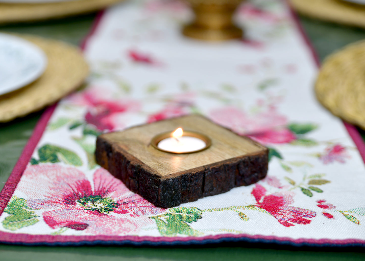 The Weaver's Nest Traditional Wooden Bark Handmade Tealight Candle Holder Set of Two for Home Decoration/ Festival Decor- Square Shaped Candle Stand
