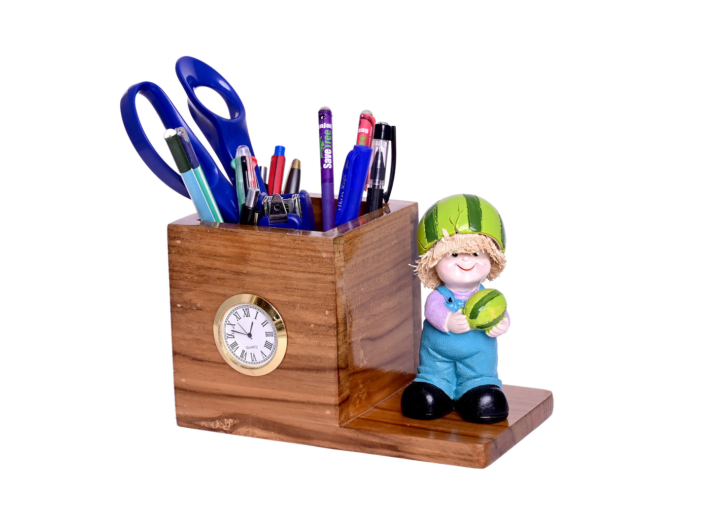 The Weaver's Nest Wooden Desk Organizer with Pen Stand and Clock with Single Compartment for Home and Office - Personalized Gift, Brown (18 x10x11cm)