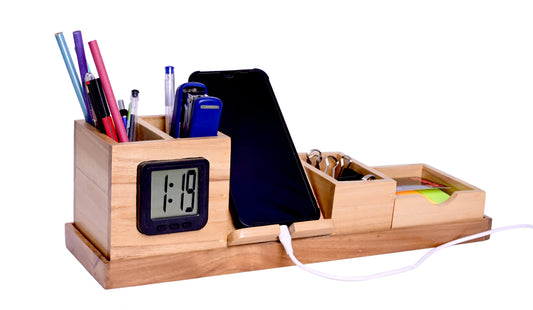 The Weaver's Nest Wooden Desk Organizer with Pen Stand, Mobile Holder and Digital Watch with multiple Compartments for Home and Office