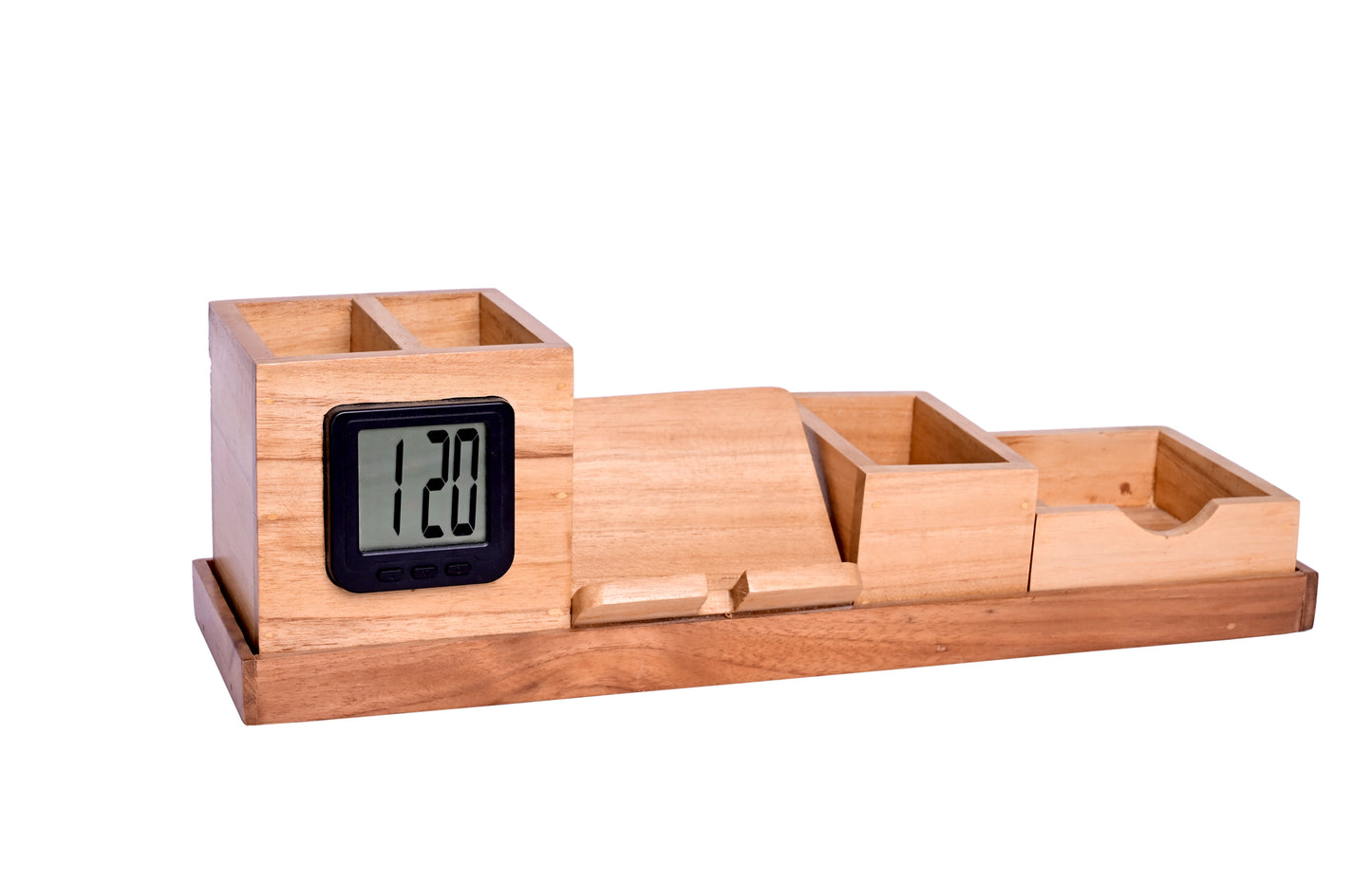 The Weaver's Nest Wooden Desk Organizer with Pen Stand, Mobile Holder and Digital Watch with multiple Compartments for Home and Office