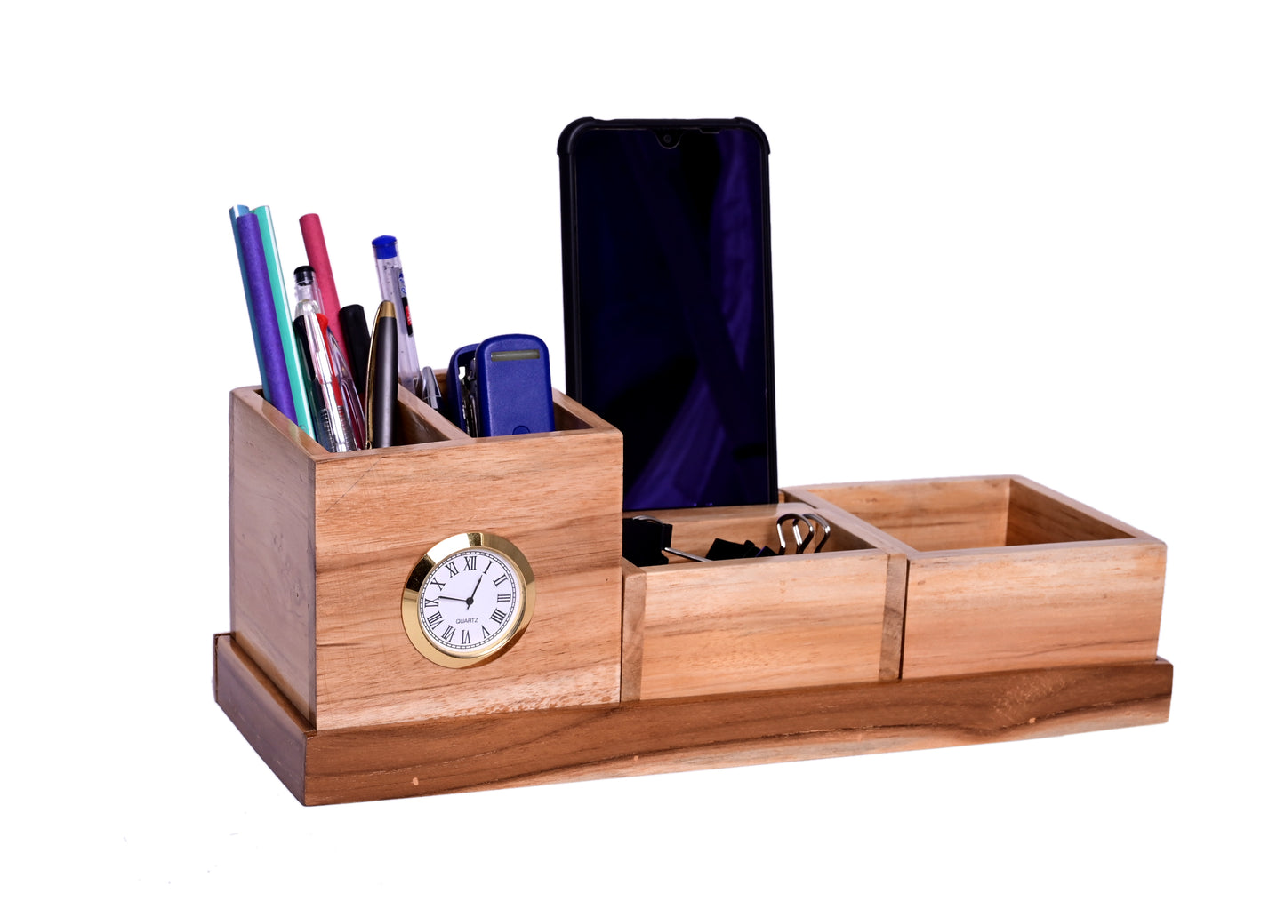 The Weaver's Nest Teak Wood Desk Organizer with Pen Stand, Clock, Mobile Phone Holder for Home and Office