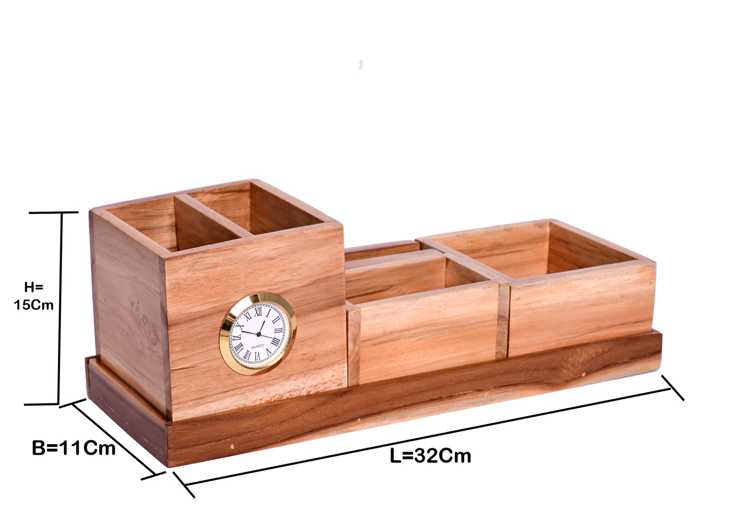 The Weaver's Nest Teak Wood Desk Organizer with Pen Stand, Clock, Mobile Phone Holder for Home and Office