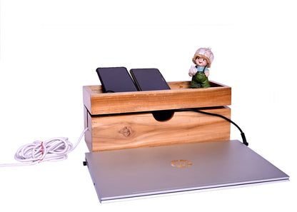 The Weaver's Nest Teak Wood Cord organizer/Desk Organizer for Mobile/Laptop/Device Chargers, Wires, USB Cables