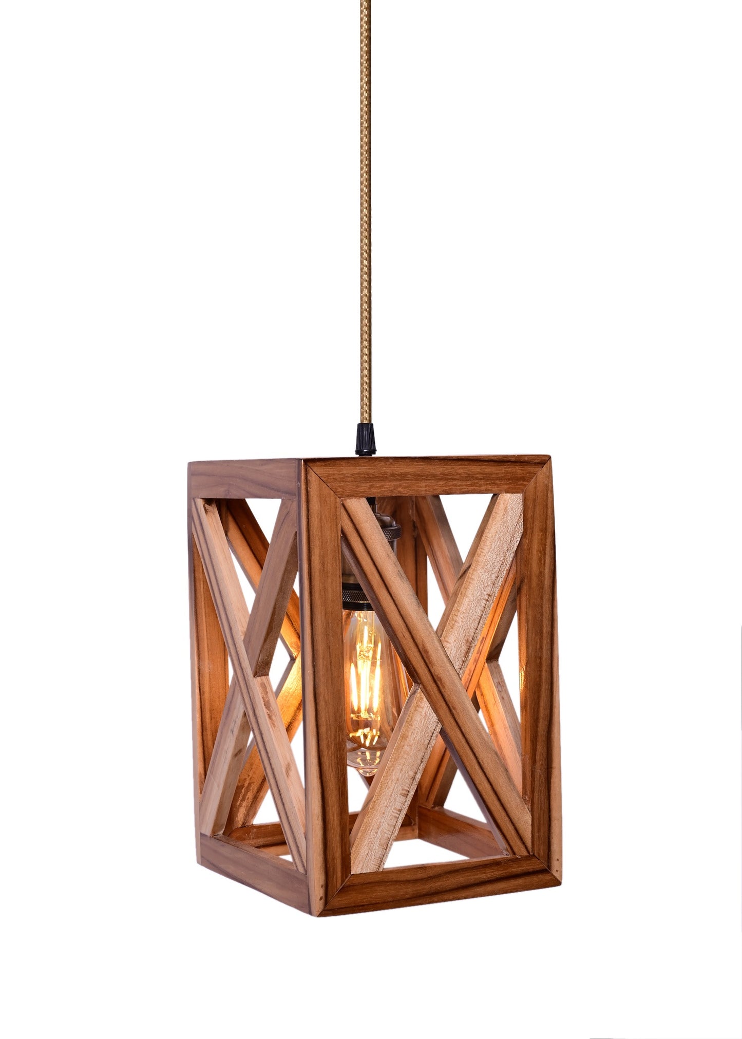 The Weaver's Nest Rustic VintageTeak Wood Hanging Light/Lamp, Square Shaped Crossed Design Pendant Light for Home Decor, Living Room, Study Room