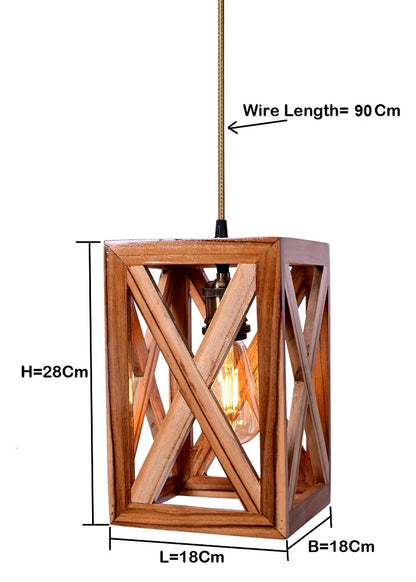 The Weaver's Nest Rustic VintageTeak Wood Hanging Light/Lamp, Square Shaped Crossed Design Pendant Light for Home Decor, Living Room, Study Room