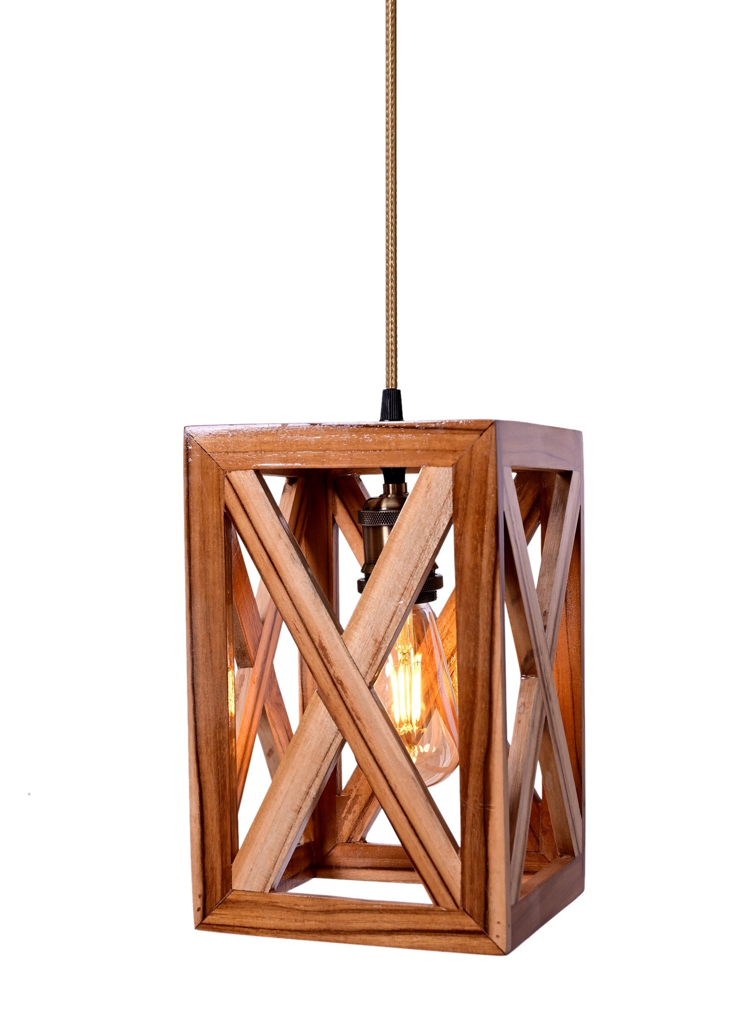 The Weaver's Nest Rustic VintageTeak Wood Hanging Light/Lamp, Square Shaped Crossed Design Pendant Light for Home Decor, Living Room, Study Room