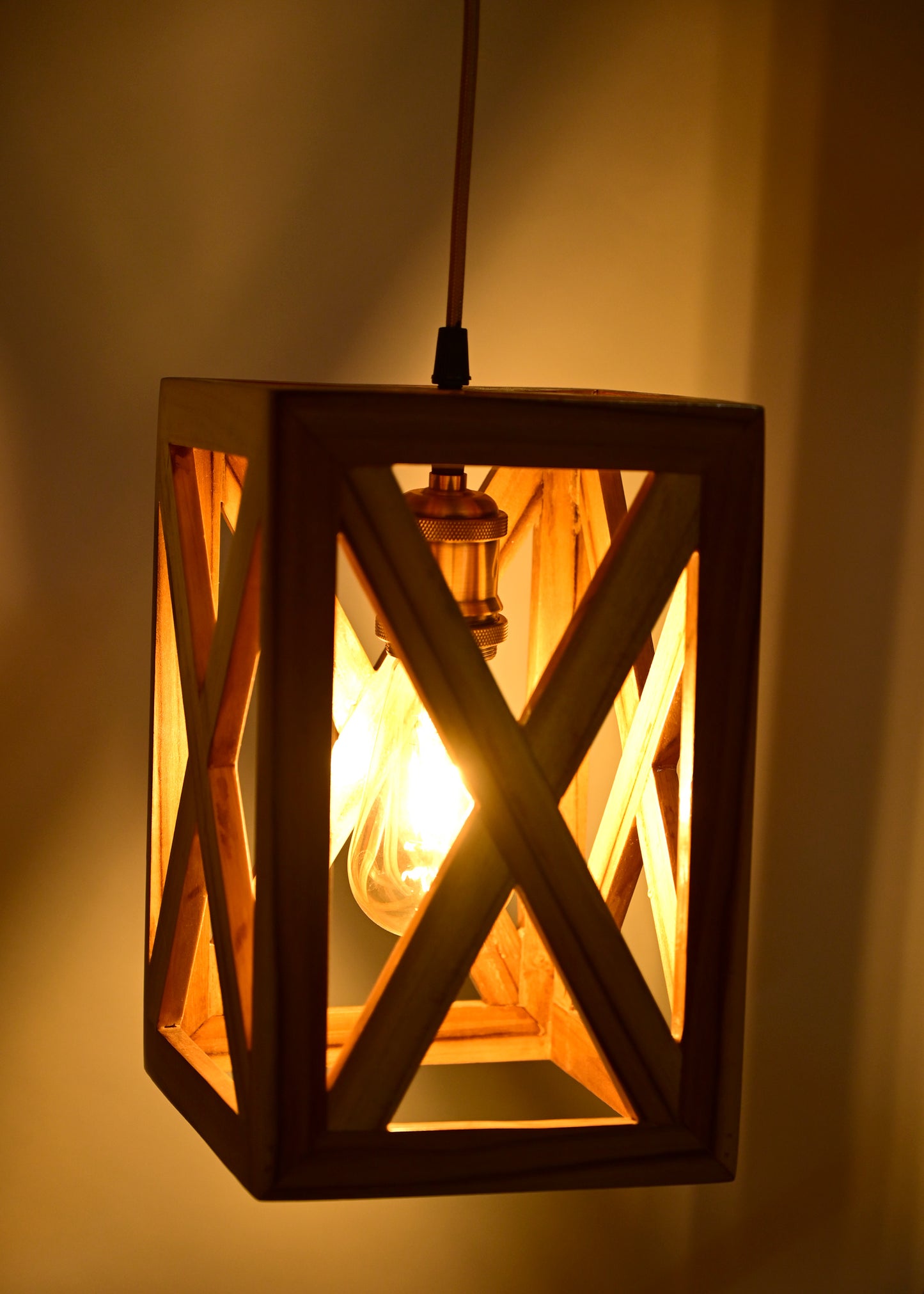 The Weaver's Nest Rustic VintageTeak Wood Hanging Light/Lamp, Square Shaped Crossed Design Pendant Light for Home Decor, Living Room, Study Room