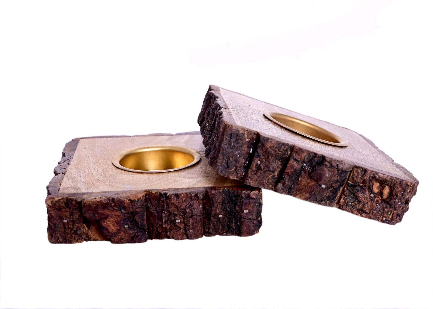 The Weaver's Nest Traditional Wooden Bark Handmade Tealight Candle Holder Set of Two for Home Decoration/ Festival Decor- Square Shaped Candle Stand