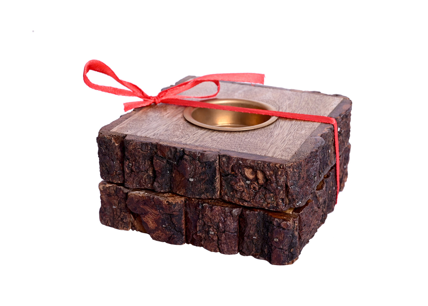 The Weaver's Nest Traditional Wooden Bark Handmade Tealight Candle Holder Set of Two for Home Decoration/ Festival Decor- Square Shaped Candle Stand