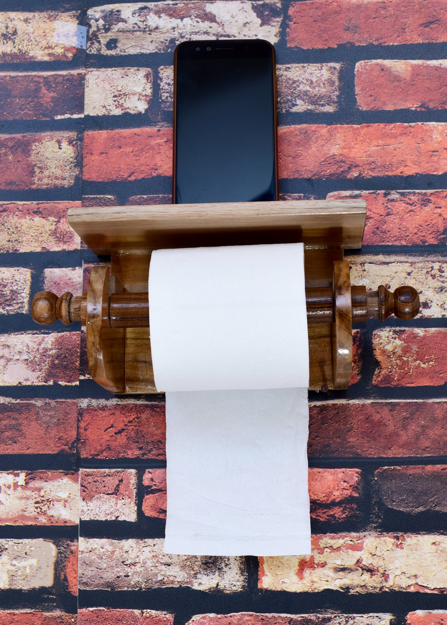 The Weaver's Nest Teak Wood Wall Mounted Toilet Paper Holder with Shelf - MC10