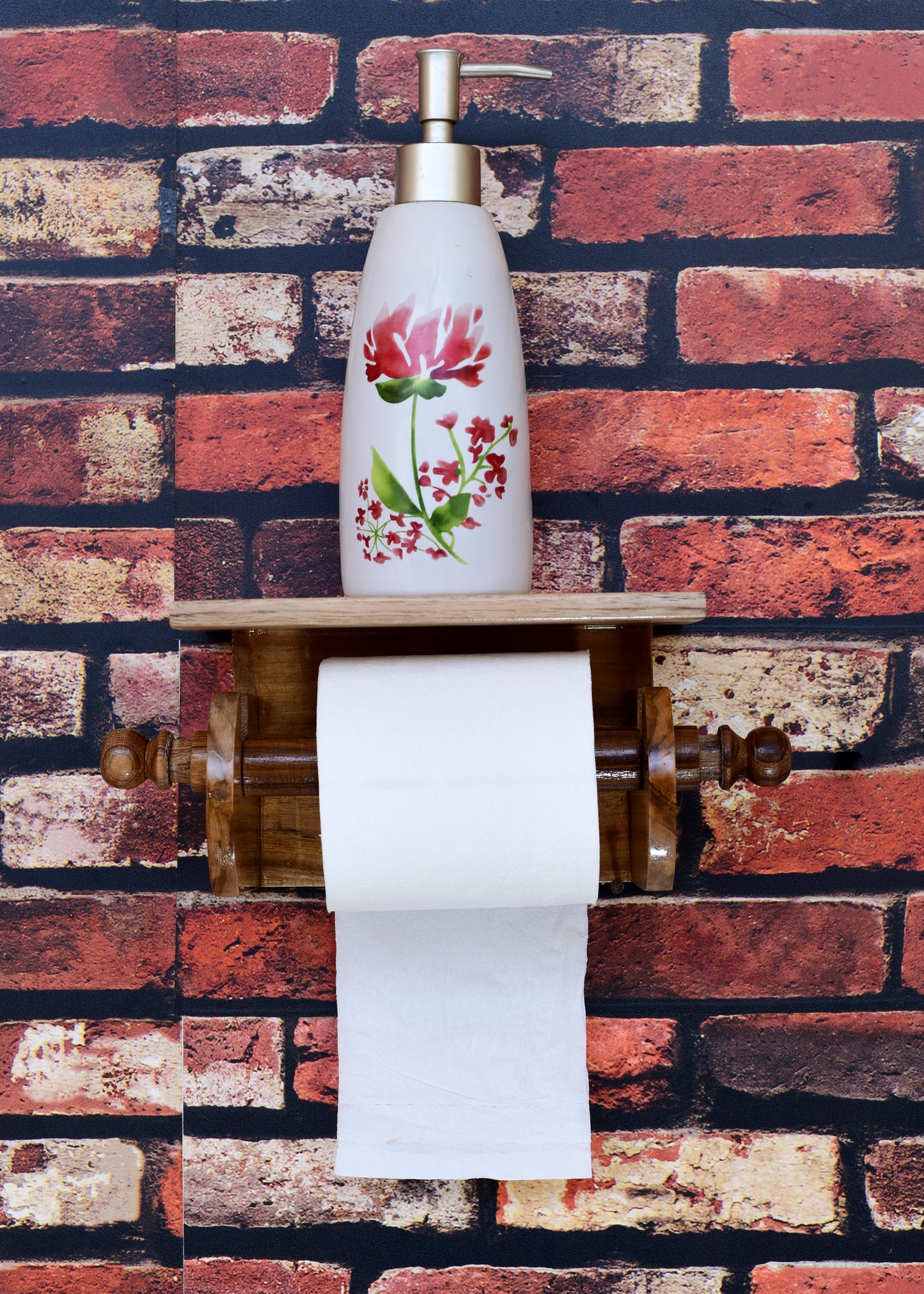 The Weaver's Nest Teak Wood Wall Mounted Toilet Paper Holder with Shelf - MC10