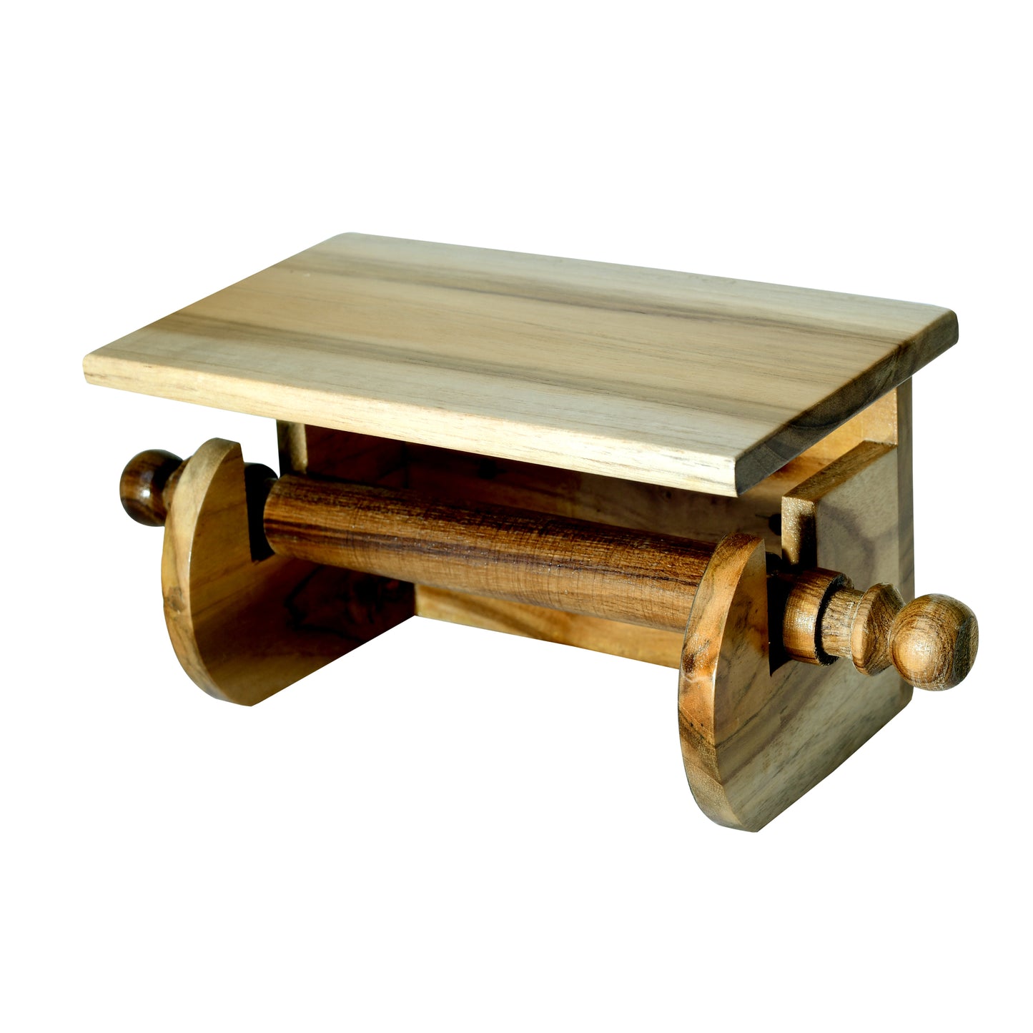 The Weaver's Nest Teak Wood Wall Mounted Toilet Paper Holder with Shelf - MC10
