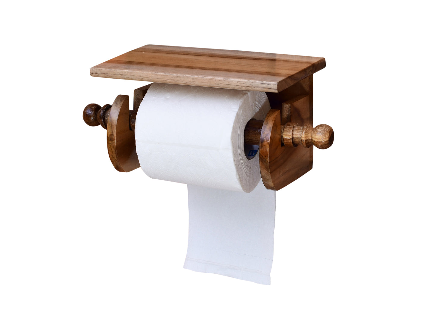 The Weaver's Nest Teak Wood Wall Mounted Toilet Paper Holder with Shelf - MC10
