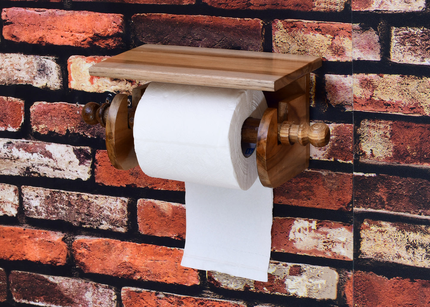 The Weaver's Nest Teak Wood Wall Mounted Toilet Paper Holder with Shelf - MC10