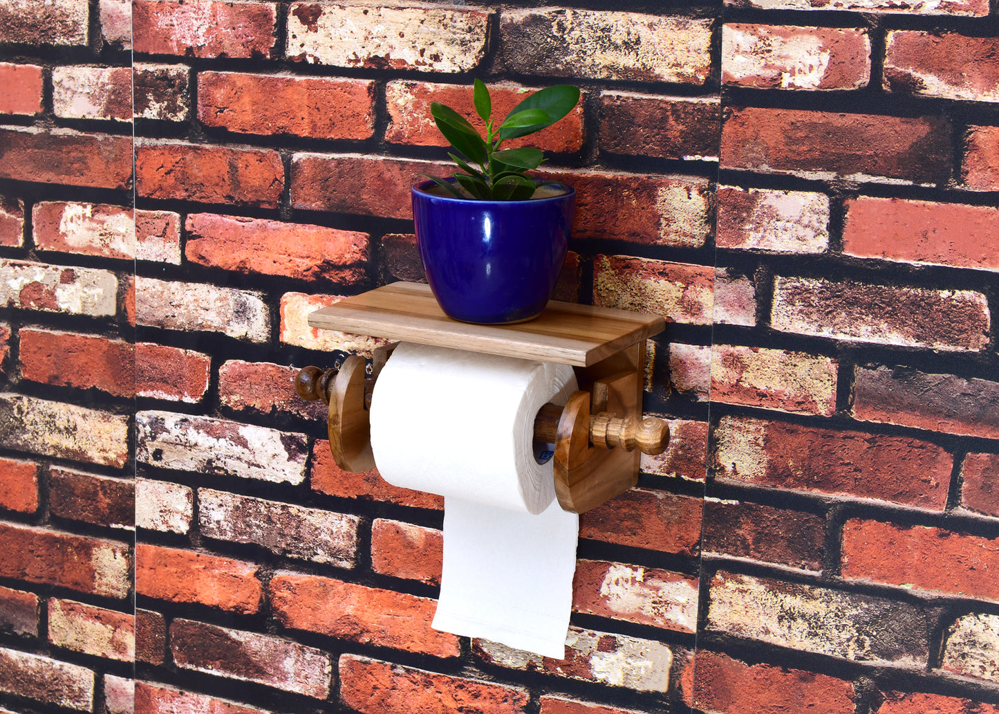 The Weaver's Nest Teak Wood Wall Mounted Toilet Paper Holder with Shelf - MC10